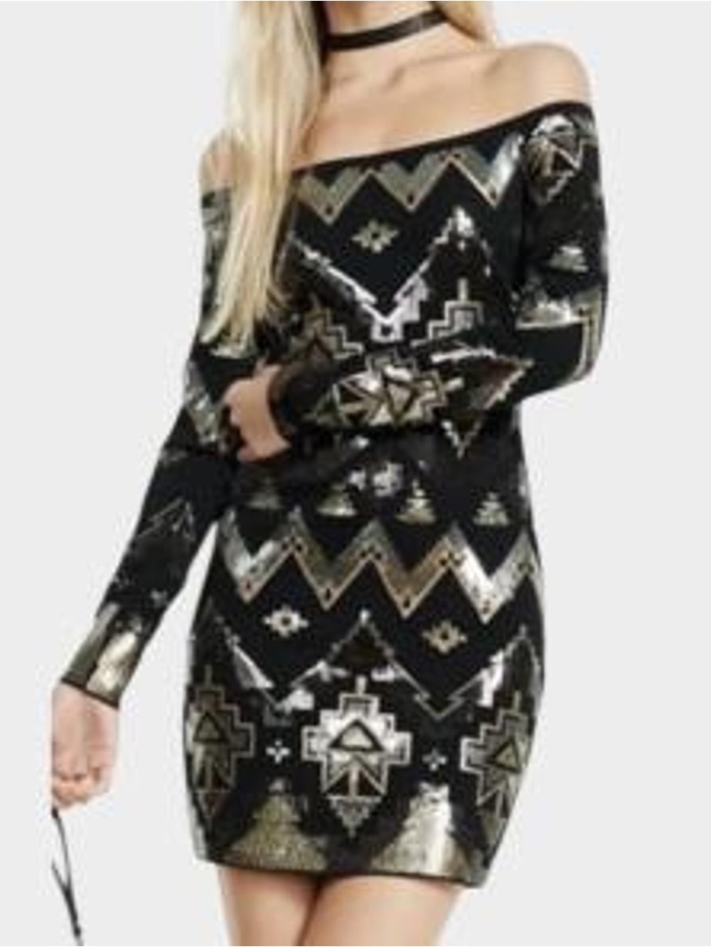 Express Black Off-Shoulder Sequin Aztek Pattern Mini Dress Sz X Small #2504